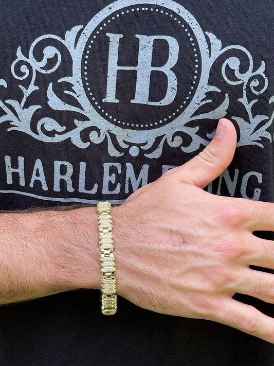 HarlemBling Mens Unique Custom Bracelet Real 14k Gold Vermeil 925 Silver Iced Diamond Out