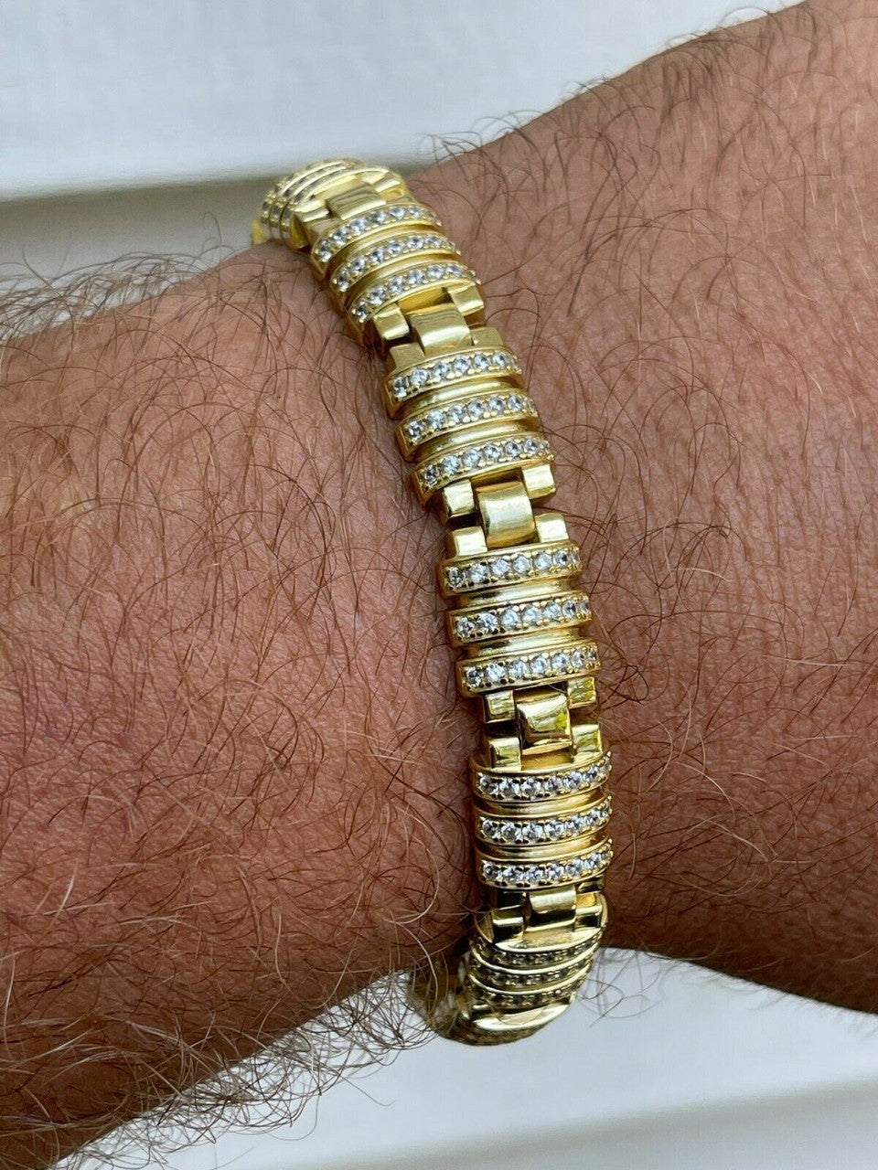 HarlemBling Mens Unique Custom Bracelet Real 14k Gold Vermeil 925 Silver Iced Diamond Out
