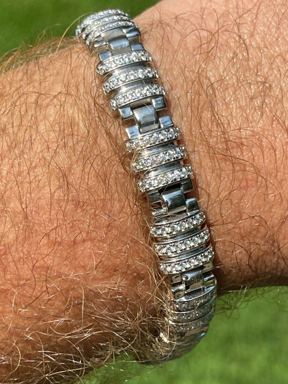 HarlemBling Mens Unique Custom Bracelet Real Solid 925 Sterling Silver Iced Diamond Out