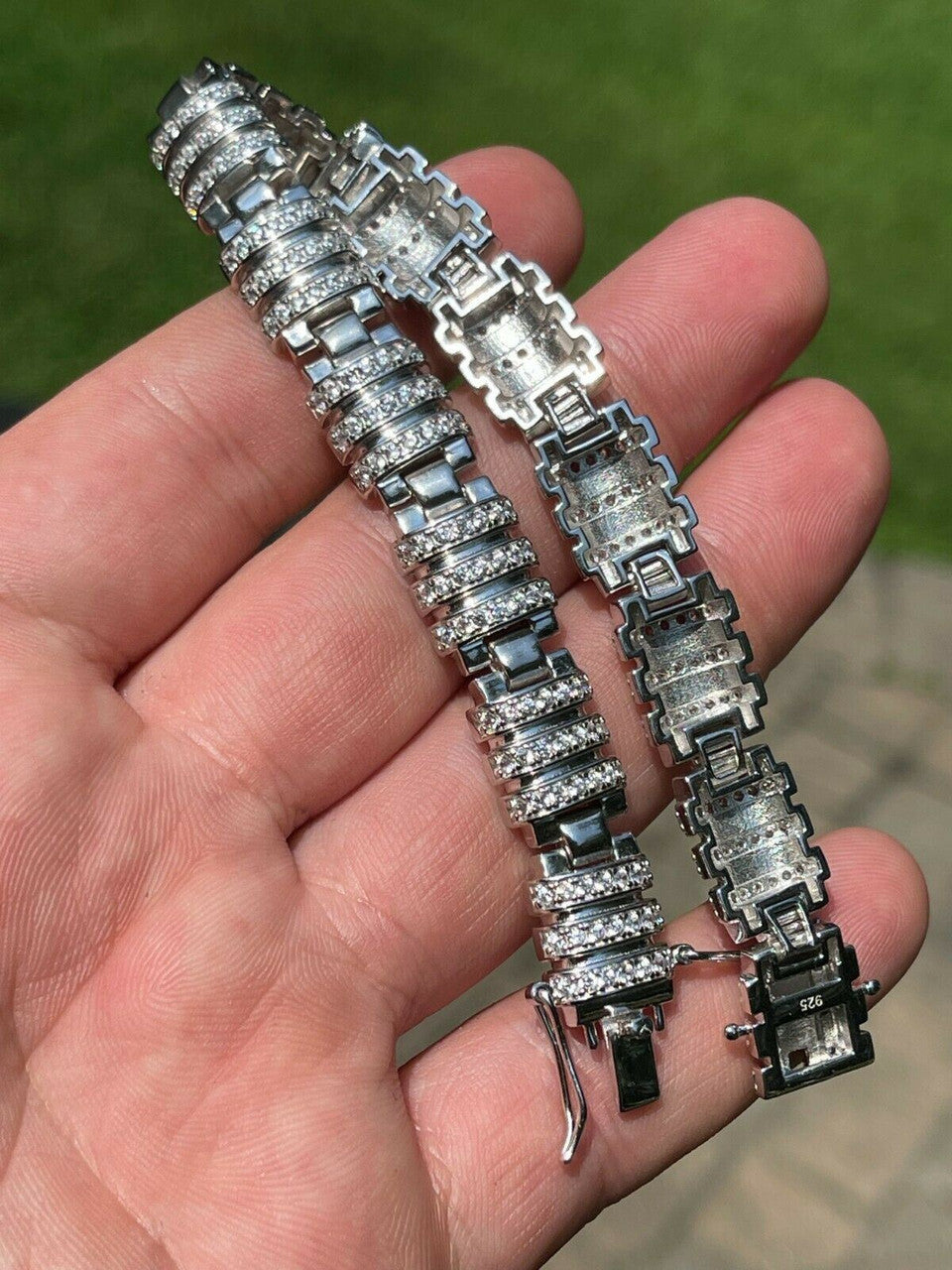 HarlemBling Mens Unique Custom Bracelet Real Solid 925 Sterling Silver Iced Diamond Out
