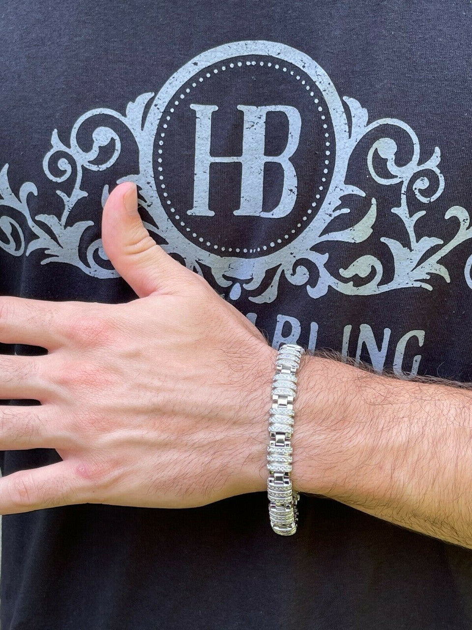 HarlemBling Mens Unique Custom Bracelet Real Solid 925 Sterling Silver Iced Diamond Out