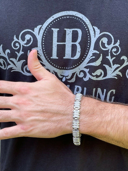 HarlemBling Mens Unique Custom Bracelet Real Solid 925 Sterling Silver Iced Diamond Out