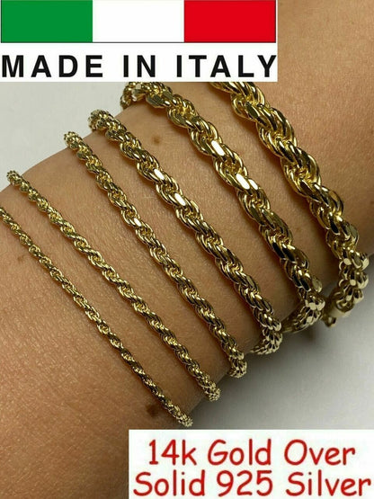 HarlemBling Mens Womens Real 14k Gold Plated Solid 925 Sterling Silver Rope Bracelet 2-6mm