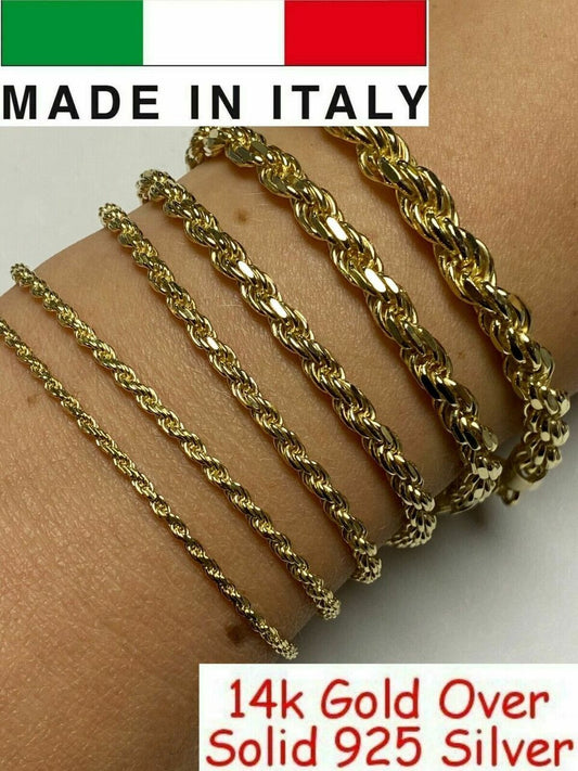 HarlemBling Mens Womens Real 14k Gold Plated Solid 925 Sterling Silver Rope Bracelet 2-6mm