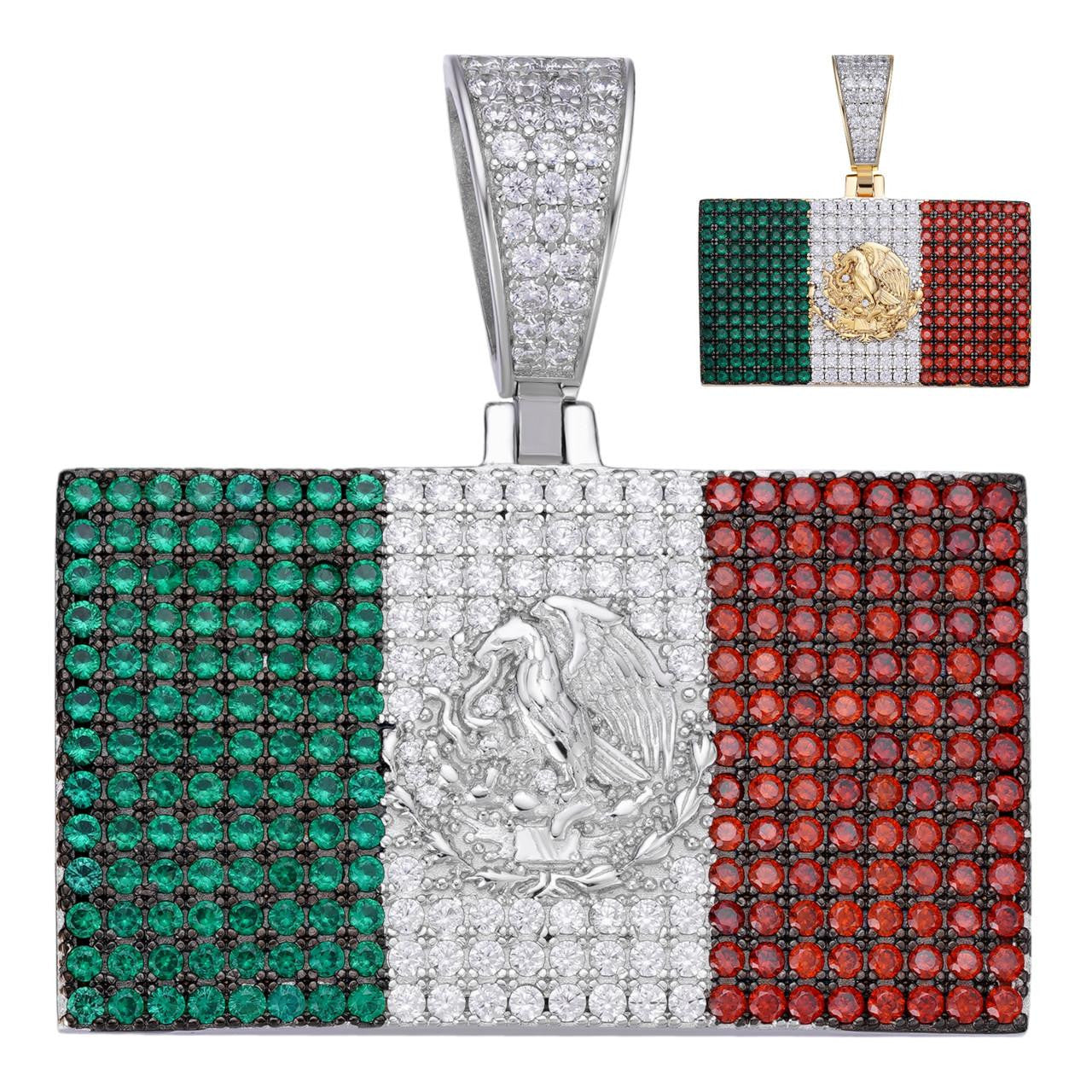 HarlemBling Mexican Flag Iced Out Pendant - 14k Gold Vermeil Or 925 Silver - CZ Stones - Medium 1.75"