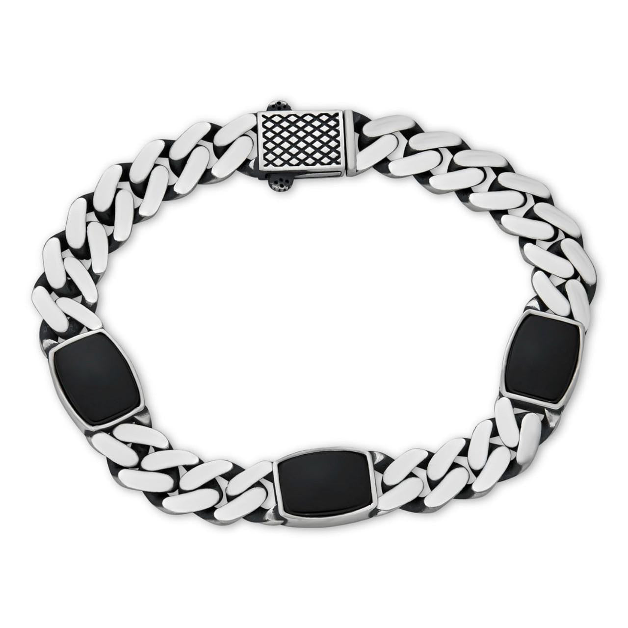 HarlemBling Miami Cuban Bracelet W. 3 Natural Black Onyx Gemstone Motifs - 925 Sterling Silver Oxidized Gunmetal - 7"-9" - 11mm