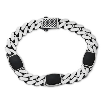 HarlemBling Miami Cuban Bracelet W. 3 Natural Black Onyx Gemstone Motifs - 925 Sterling Silver Oxidized Gunmetal - 7"-9" - 11mm