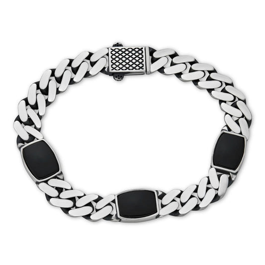 HarlemBling Miami Cuban Bracelet W. 3 Natural Black Onyx Gemstone Motifs - 925 Sterling Silver Oxidized Gunmetal - 7"-9" - 11mm