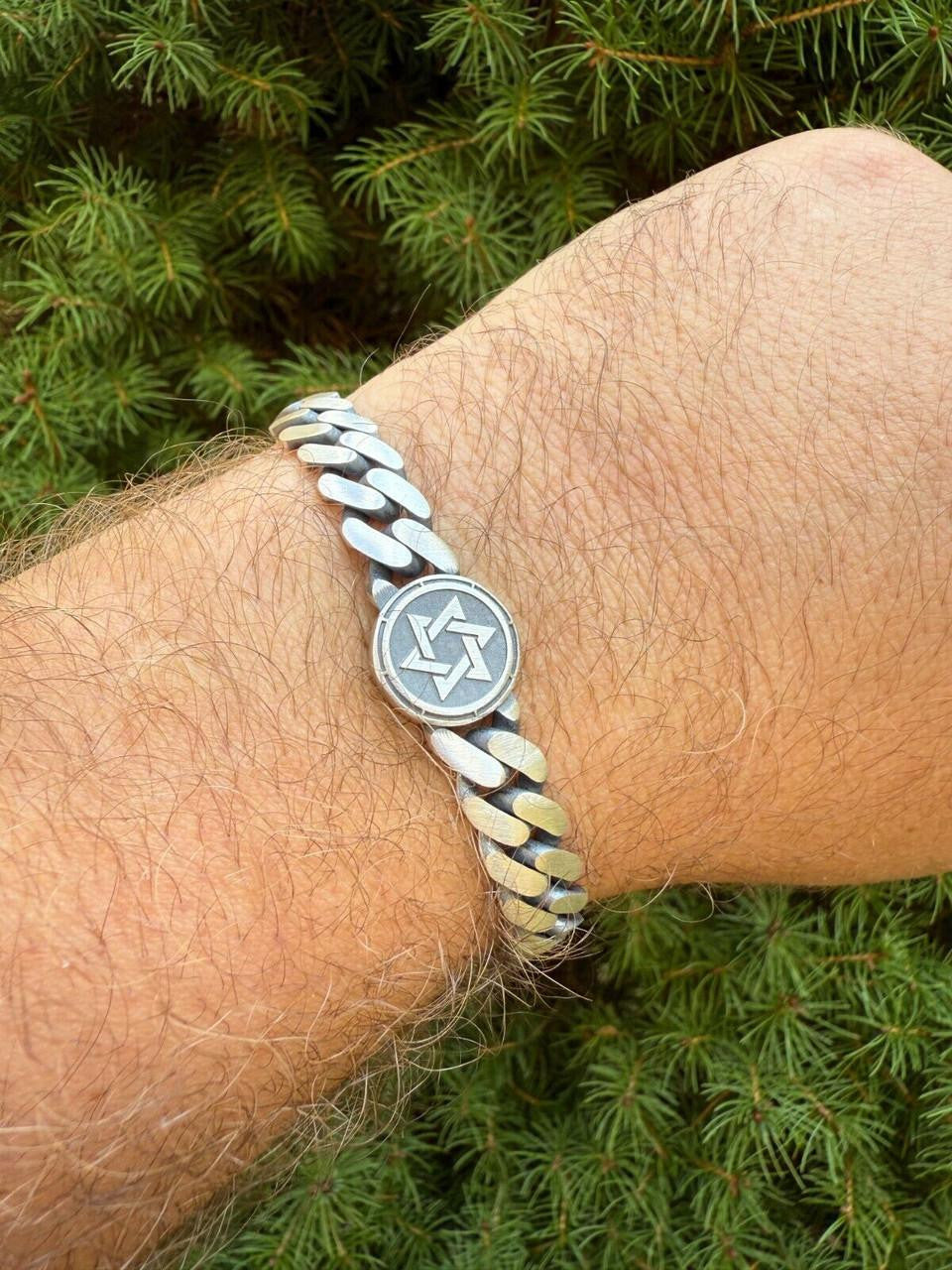 HarlemBling Miami Cuban Bracelet With Custom Star Of David Motif - 925 Sterling Silver Oxidized Gunmetal - 7"-9" - 9mm