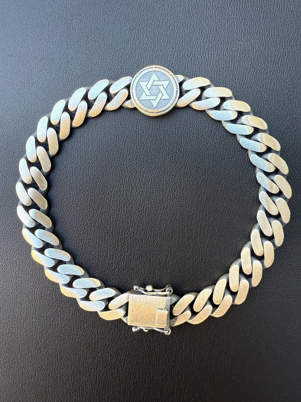 HarlemBling Miami Cuban Bracelet With Custom Star Of David Motif - 925 Sterling Silver Oxidized Gunmetal - 7"-9" - 9mm