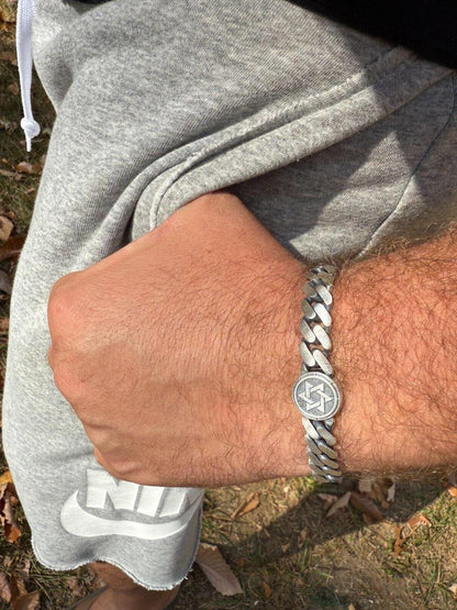 HarlemBling Miami Cuban Bracelet With Custom Star Of David Motif - 925 Sterling Silver Oxidized Gunmetal - 7"-9" - 9mm