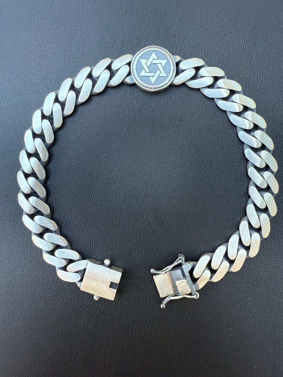 HarlemBling Miami Cuban Bracelet With Custom Star Of David Motif - 925 Sterling Silver Oxidized Gunmetal - 7"-9" - 9mm