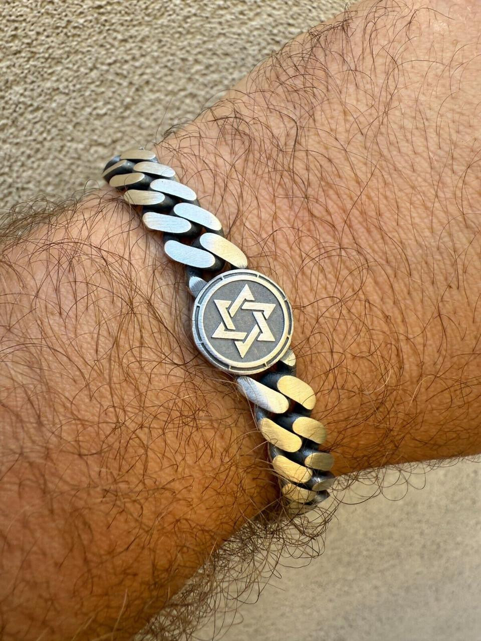 HarlemBling Miami Cuban Bracelet With Custom Star Of David Motif - 925 Sterling Silver Oxidized Gunmetal - 7"-9" - 9mm