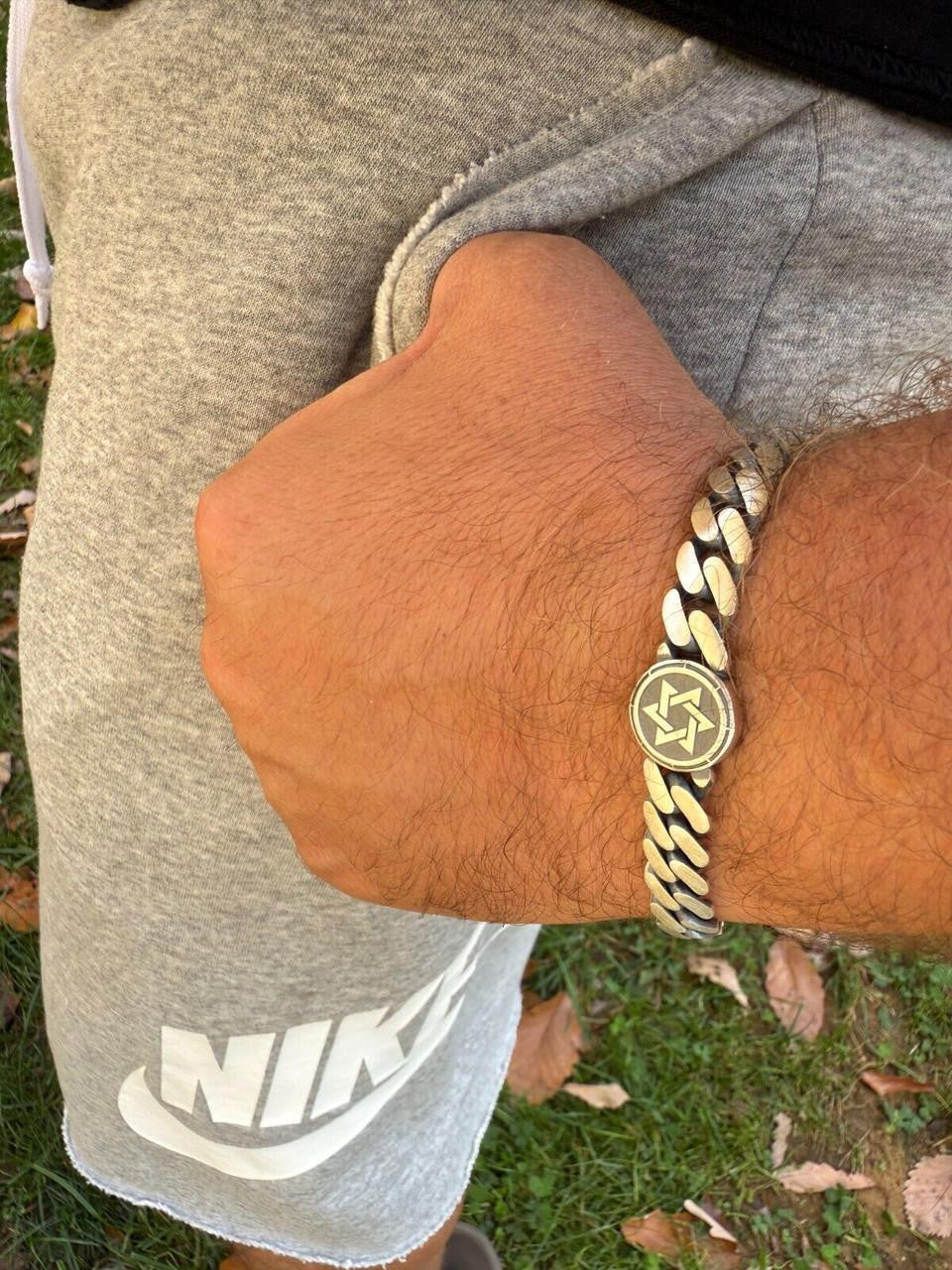 HarlemBling Miami Cuban Bracelet With Custom Star Of David Motif - 925 Sterling Silver Oxidized Gunmetal - 7"-9" - 9mm