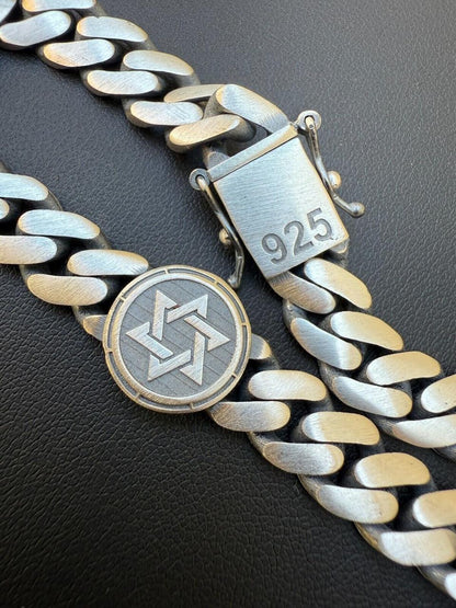 HarlemBling Miami Cuban Bracelet With Custom Star Of David Motif - 925 Sterling Silver Oxidized Gunmetal - 7"-9" - 9mm