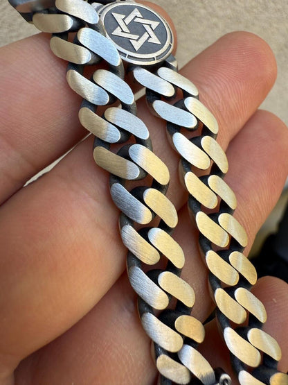 HarlemBling Miami Cuban Bracelet With Custom Star Of David Motif - 925 Sterling Silver Oxidized Gunmetal - 7"-9" - 9mm