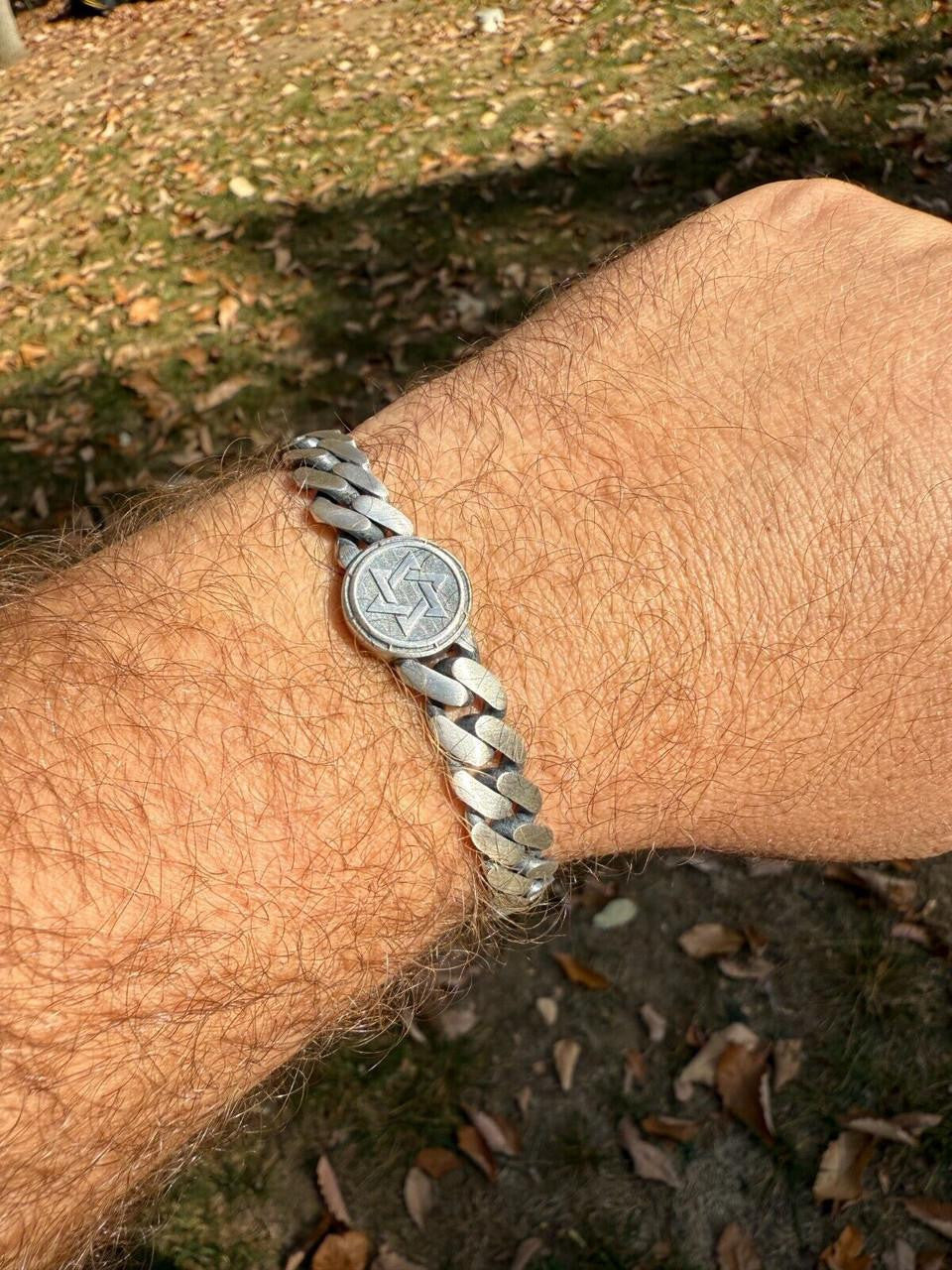 HarlemBling Miami Cuban Bracelet With Custom Star Of David Motif - 925 Sterling Silver Oxidized Gunmetal - 7"-9" - 9mm