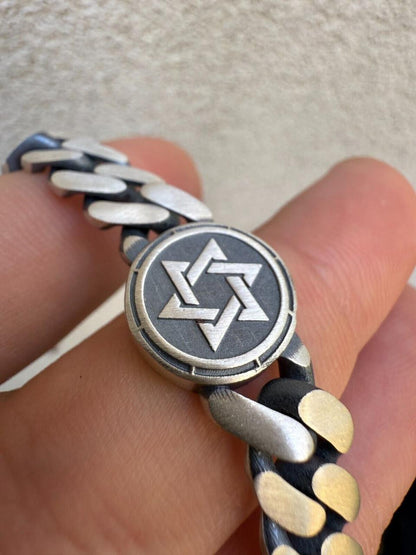 HarlemBling Miami Cuban Bracelet With Custom Star Of David Motif - 925 Sterling Silver Oxidized Gunmetal - 7"-9" - 9mm