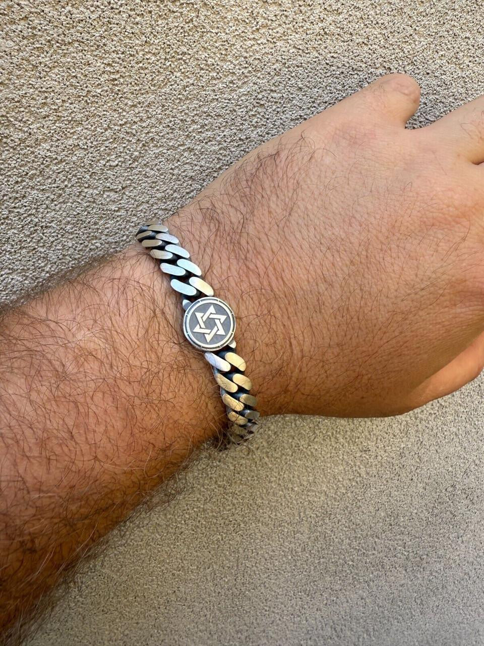 HarlemBling Miami Cuban Bracelet With Custom Star Of David Motif - 925 Sterling Silver Oxidized Gunmetal - 7"-9" - 9mm