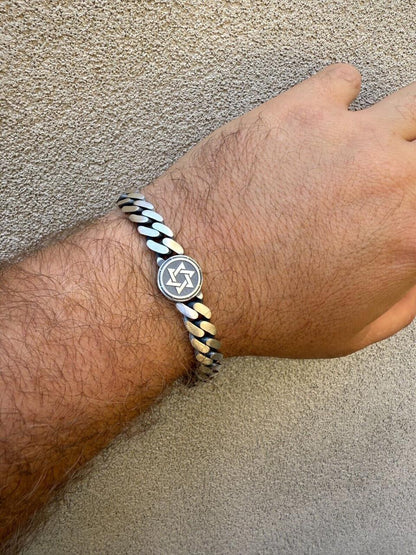 HarlemBling Miami Cuban Bracelet With Custom Star Of David Motif - 925 Sterling Silver Oxidized Gunmetal - 7"-9" - 9mm