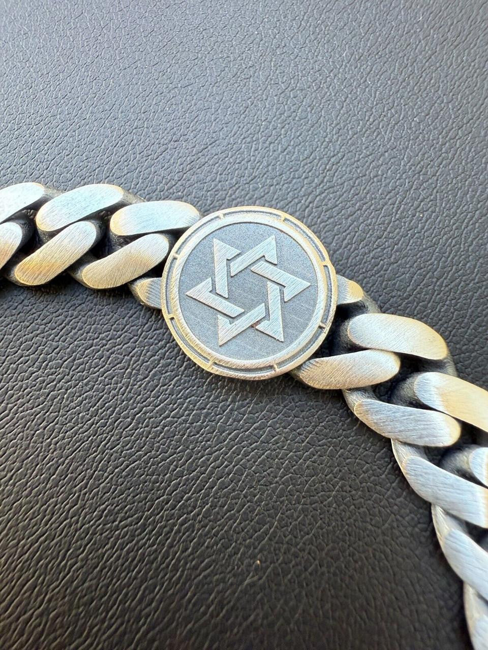 HarlemBling Miami Cuban Bracelet With Custom Star Of David Motif - 925 Sterling Silver Oxidized Gunmetal - 7"-9" - 9mm