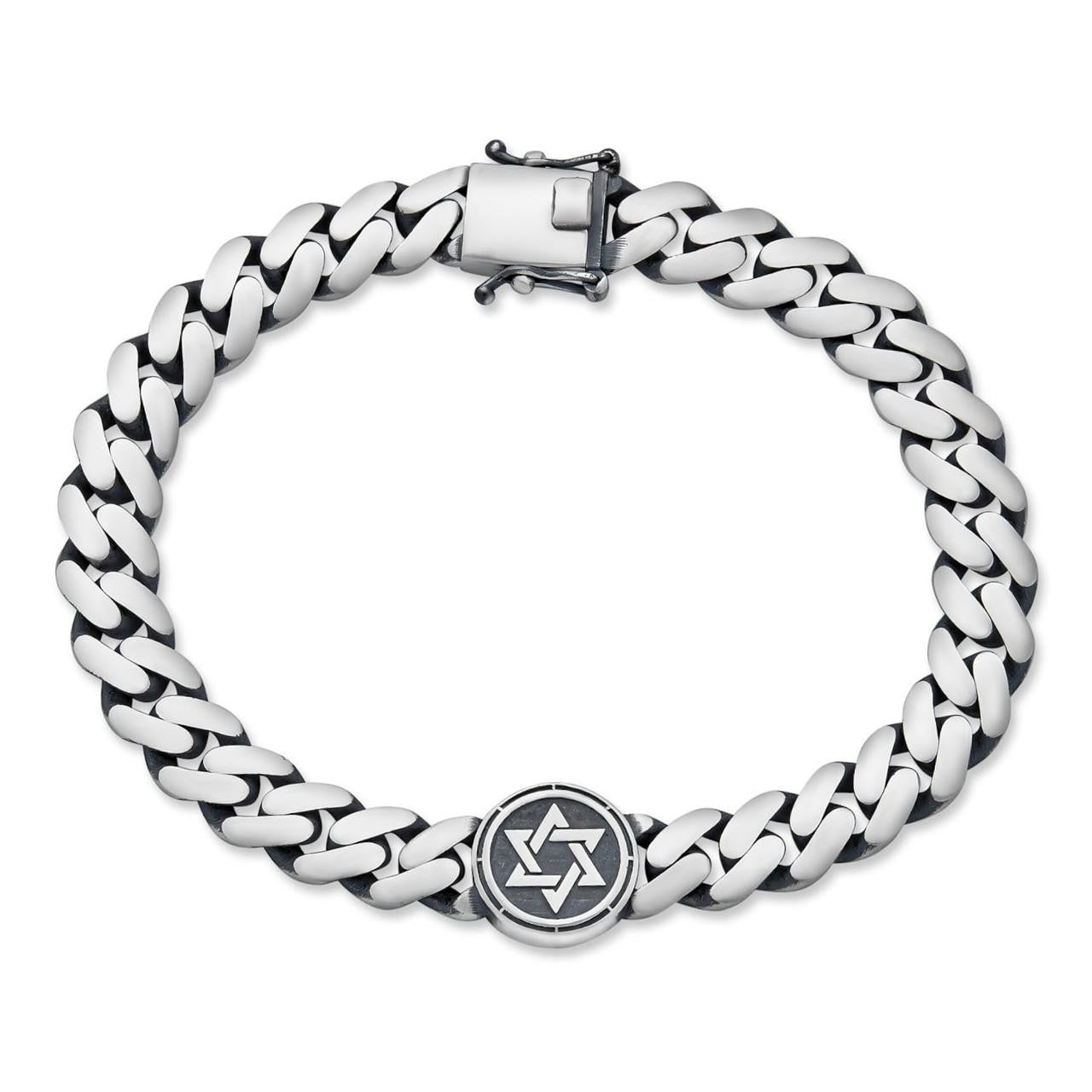 HarlemBling Miami Cuban Bracelet With Custom Star Of David Motif - 925 Sterling Silver Oxidized Gunmetal - 7"-9" - 9mm