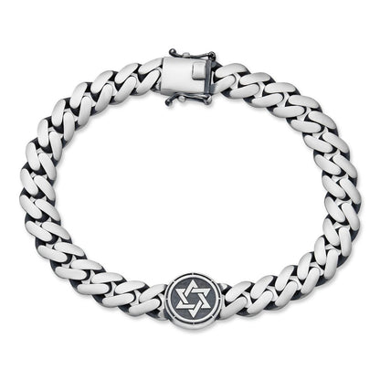 HarlemBling Miami Cuban Bracelet With Custom Star Of David Motif - 925 Sterling Silver Oxidized Gunmetal - 7"-9" - 9mm