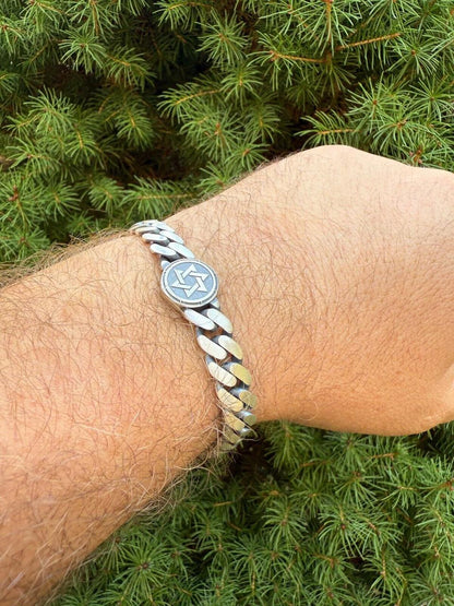 HarlemBling Miami Cuban Bracelet With Custom Star Of David Motif - 925 Sterling Silver Oxidized Gunmetal - 7"-9" - 9mm
