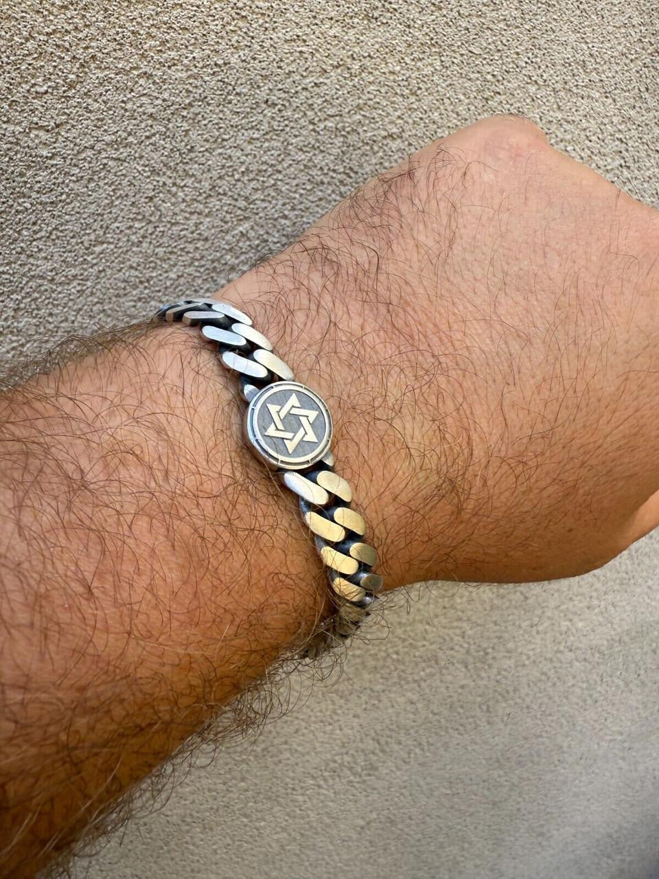 HarlemBling Miami Cuban Bracelet With Custom Star Of David Motif - 925 Sterling Silver Oxidized Gunmetal - 7"-9" - 9mm