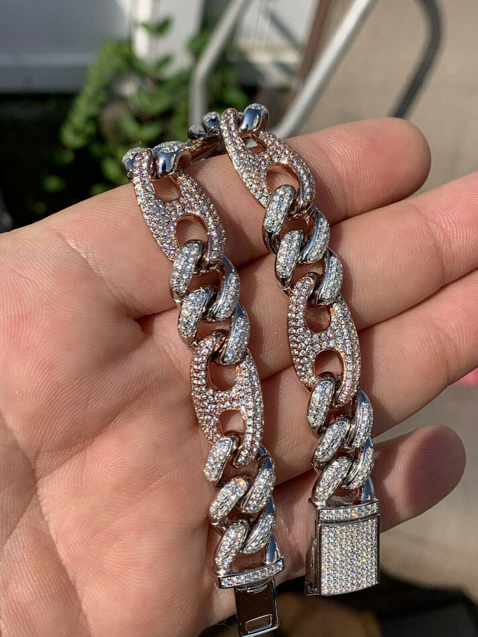 Miami Cuban Gucci Bracelet Two Tone Rose Gold Solid 925 Silver