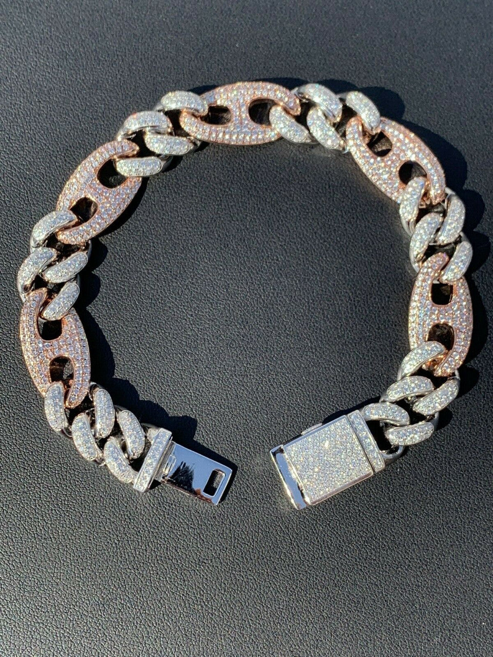 HarlemBling Miami Cuban Gucci Bracelet Two Tone Rose Gold Solid 925 Silver Rapper Hip Hop