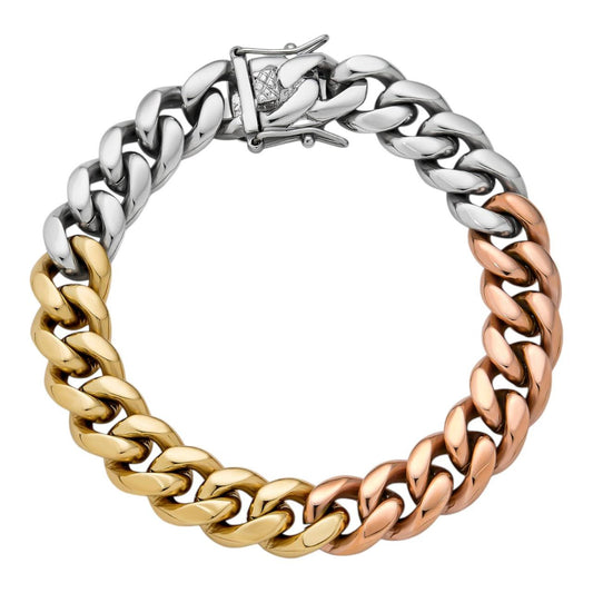 HarlemBling Miami Cuban Link Bracelet - Tricolor Yellow, Rose & White Gold Plated Stainless Steel - 8.5" - 12mm