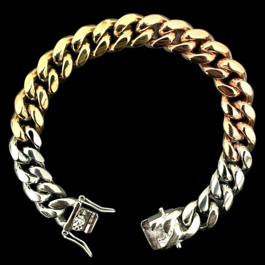 HarlemBling Miami Cuban Link Bracelet - Tricolor Yellow, Rose & White Gold Plated Stainless Steel - 8.5" - 12mm
