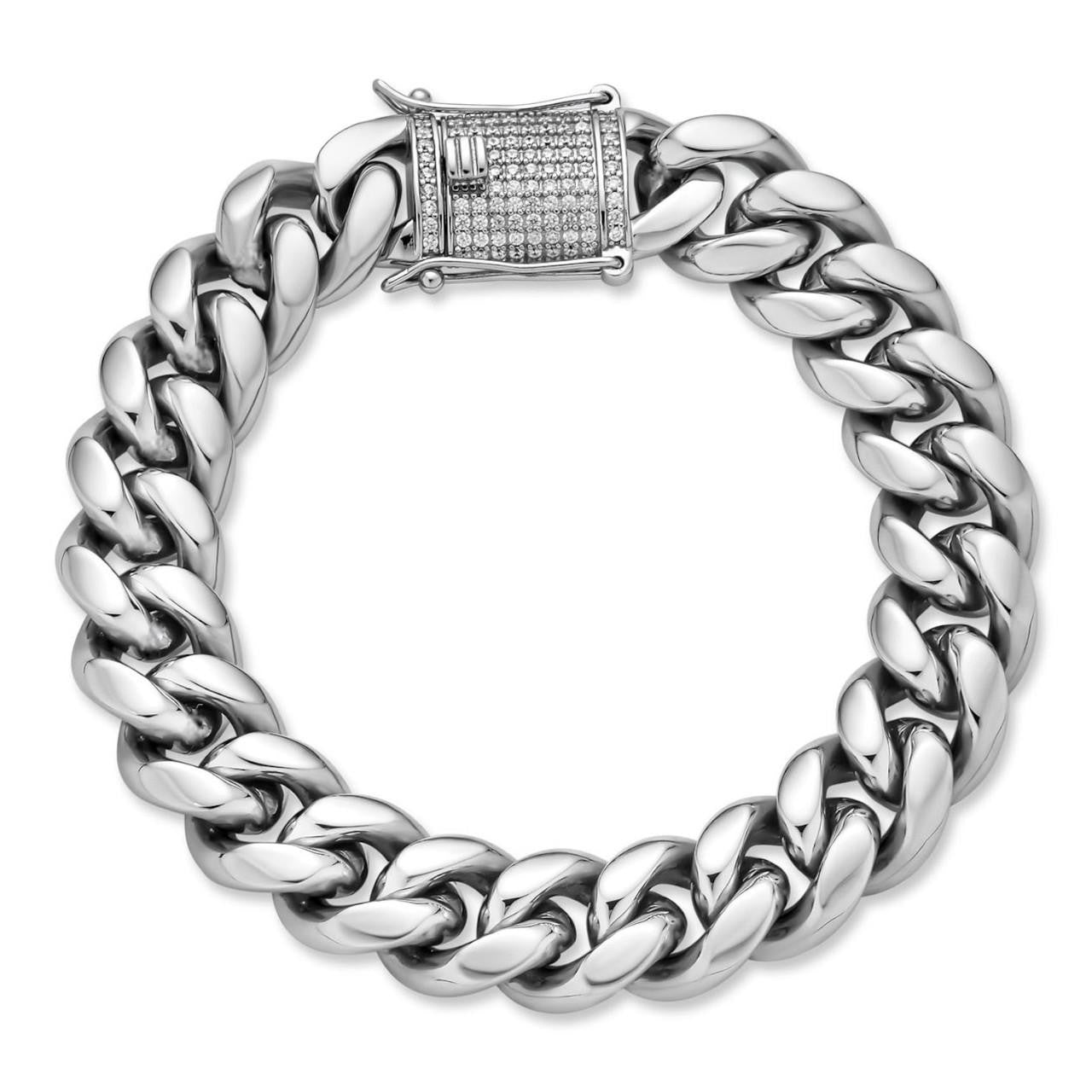 HarlemBling  Miami Cuban Link Bracelet W. CZ Clasp - Stainless Steel W. 925 Silver Clasp - 6"-10" - 8mm-14mm