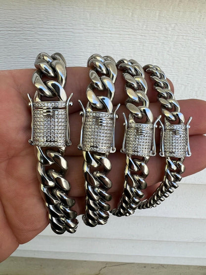 HarlemBling  Miami Cuban Link Bracelet W. CZ Clasp - Stainless Steel W. 925 Silver Clasp - 6"-10" - 8mm-14mm