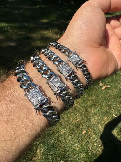 HarlemBling  Miami Cuban Link Bracelet W. CZ Clasp - Stainless Steel W. 925 Silver Clasp - 6"-10" - 8mm-14mm