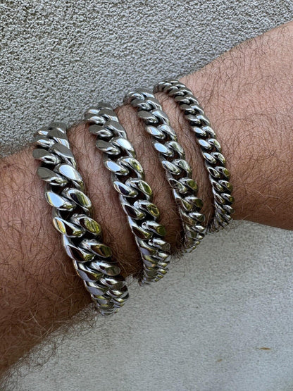 HarlemBling  Miami Cuban Link Bracelet W. CZ Clasp - Stainless Steel W. 925 Silver Clasp - 6"-10" - 8mm-14mm