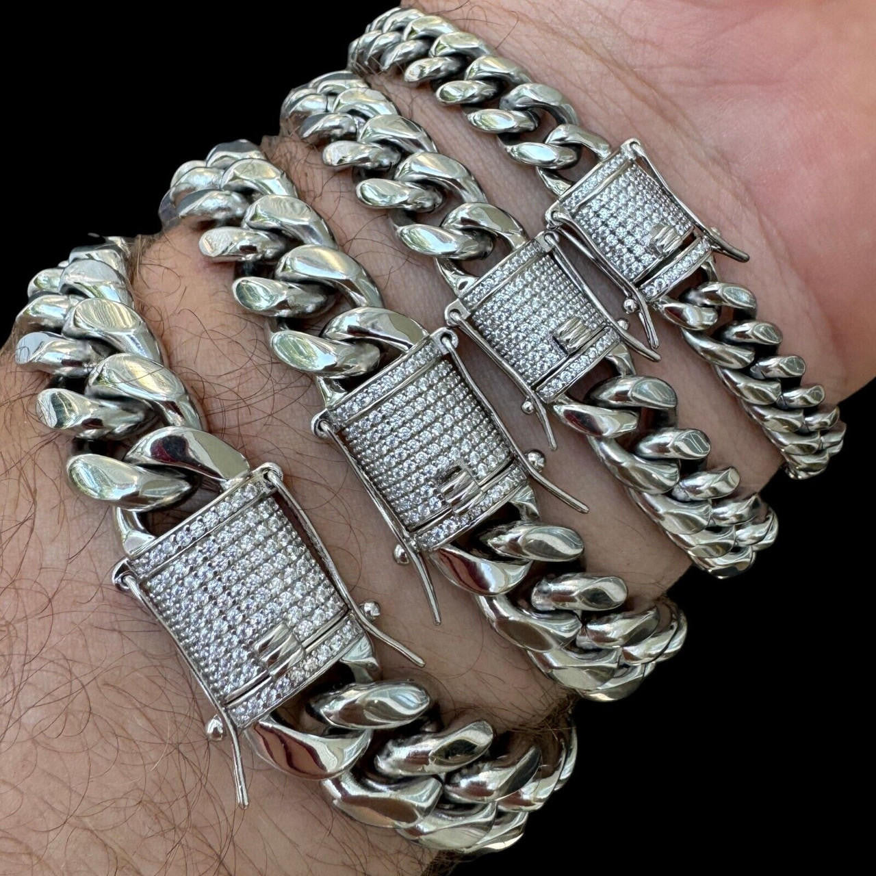 HarlemBling  Miami Cuban Link Bracelet W. CZ Clasp - Stainless Steel W. 925 Silver Clasp - 6"-10" - 8mm-14mm