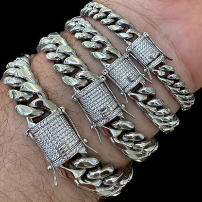 HarlemBling  Miami Cuban Link Bracelet W. CZ Clasp - Stainless Steel W. 925 Silver Clasp - 6"-10" - 8mm-14mm