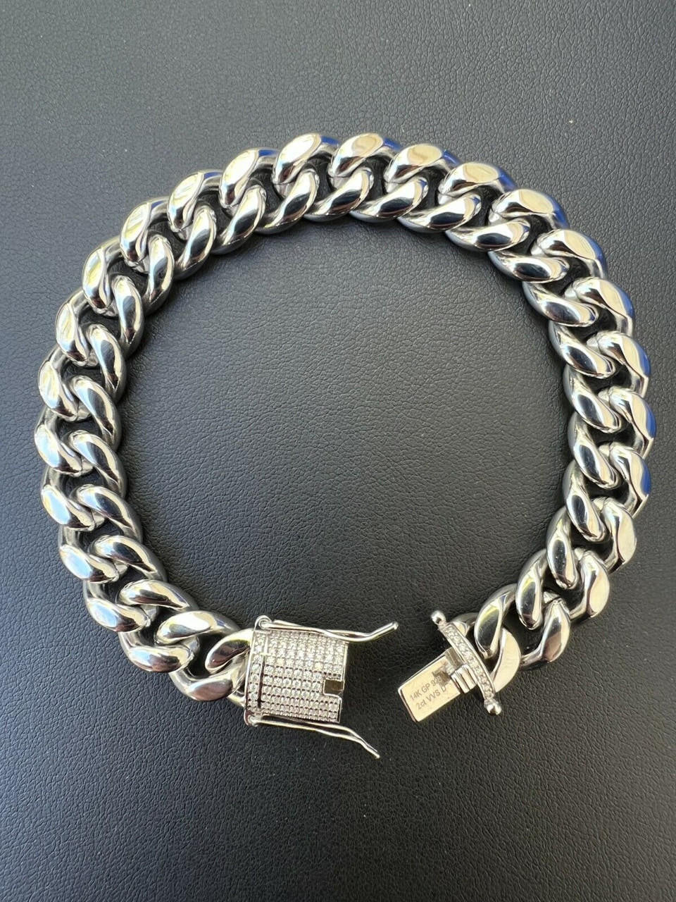 HarlemBling  Miami Cuban Link Bracelet W. CZ Clasp - Stainless Steel W. 925 Silver Clasp - 6"-10" - 8mm-14mm