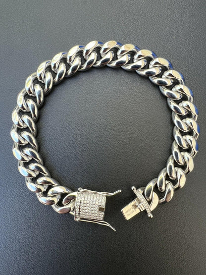 HarlemBling  Miami Cuban Link Bracelet W. CZ Clasp - Stainless Steel W. 925 Silver Clasp - 6"-10" - 8mm-14mm