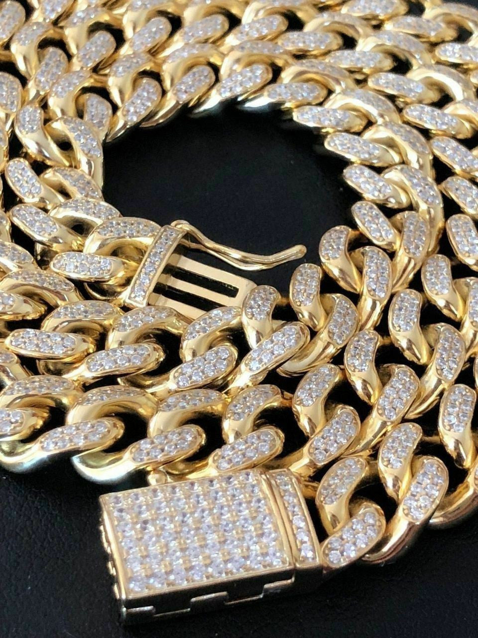 HarlemBling Miami Cuban Link Chain 14k Yellow Gold Over Solid 925 Silver Icy 10mm HEAVY ICED