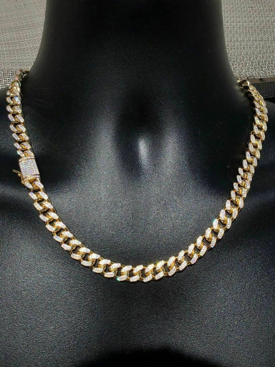 HarlemBling Miami Cuban Link Chain 14k Yellow Gold Over Solid 925 Silver Icy 10mm HEAVY ICED