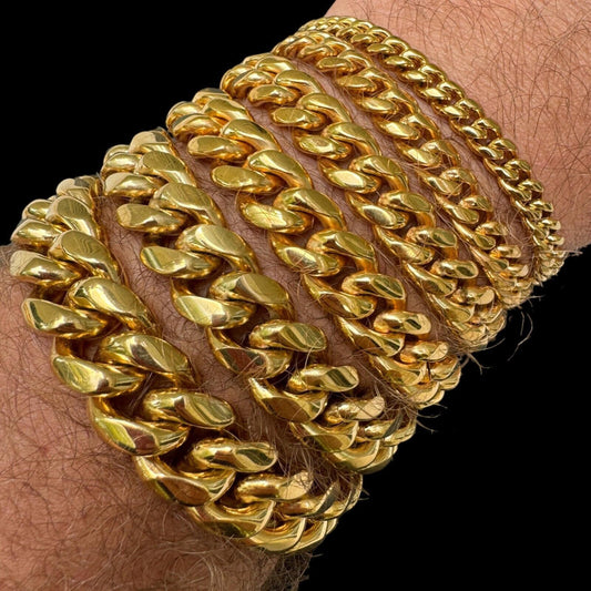 HarlemBling Miami Cuban Link Chain Bracelet - 18k Yellow Gold Plated Stainless Steel - 6"-10" - 6mm-18mm