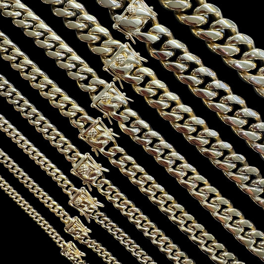 HarlemBling Miami Cuban Link Chain Necklace - 14k Yellow Gold Plated Stainless Steel - 16"-36" - 4mm-18mm