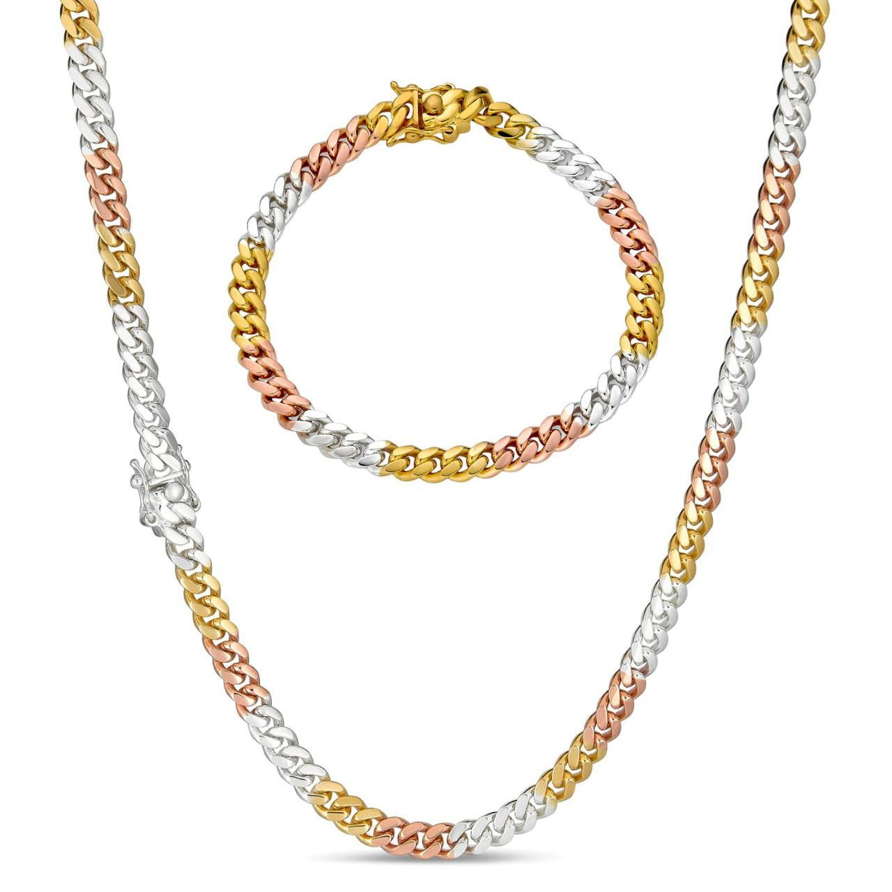 HarlemBling Miami Cuban Link Chain Necklace Or Bracelet - Tri Color 14k Yellow Rose Gold Vermeil 925 Sterling Silver - 8"-30" - 6mm