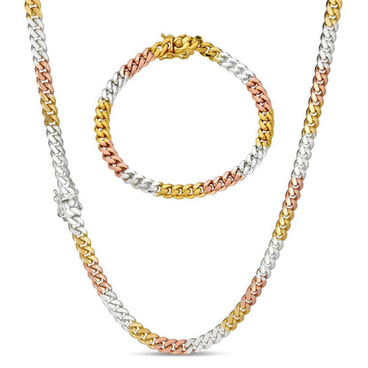 HarlemBling Miami Cuban Link Chain Necklace Or Bracelet - Tri Color 14k Yellow Rose Gold Vermeil 925 Sterling Silver - 8"-30" - 6mm