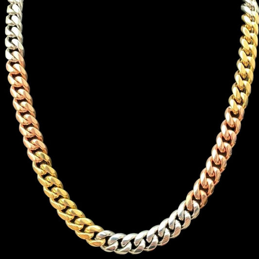HarlemBling Miami Cuban Link Chain Necklace - Tricolor Yellow, Rose & White Gold Plated Stainless Steel - 18"-30" - 12mm