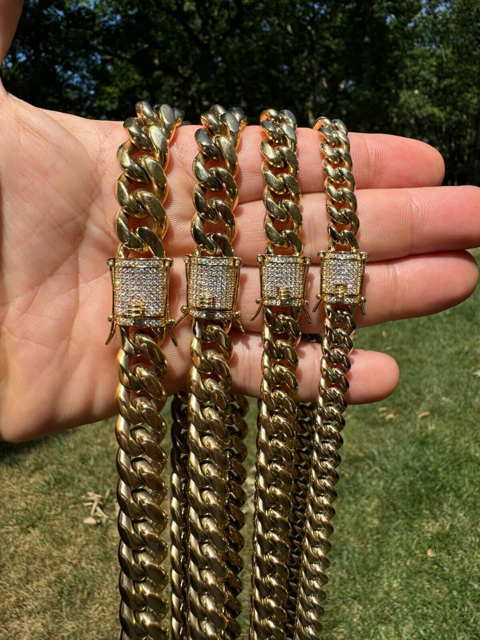 HarlemBling Miami Cuban Link Chain Necklace W. CZ Clasp - 14k Gold Plated Stainless Steel - 16"-30" - 8mm-14mm