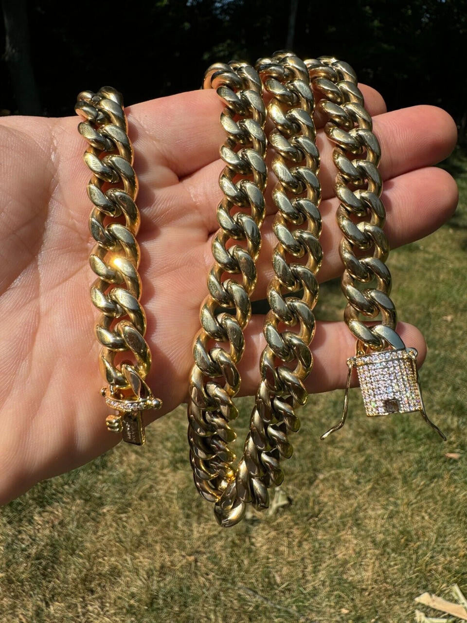 HarlemBling Miami Cuban Link Chain Necklace W. CZ Clasp - 14k Gold Plated Stainless Steel - 16"-30" - 8mm-14mm